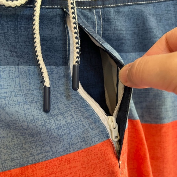 Johnnie-O 9” Shore Half Elastic Surf Swim Shorts in Blue and Orange Stripes, S - Picture 4 of 8